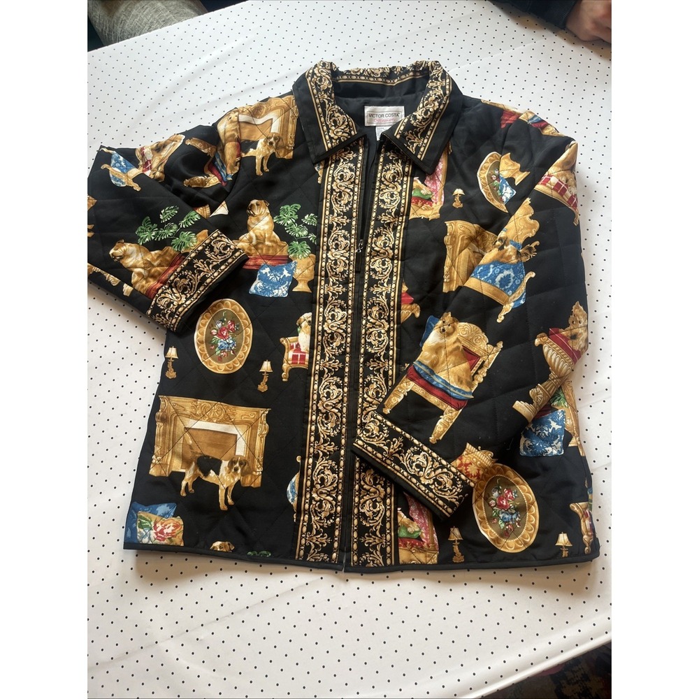 Vtg Victor Costa Occasion 100% Silk Quilted Dog Print Jacket Baroque Zip Small - Picture 3 of 14